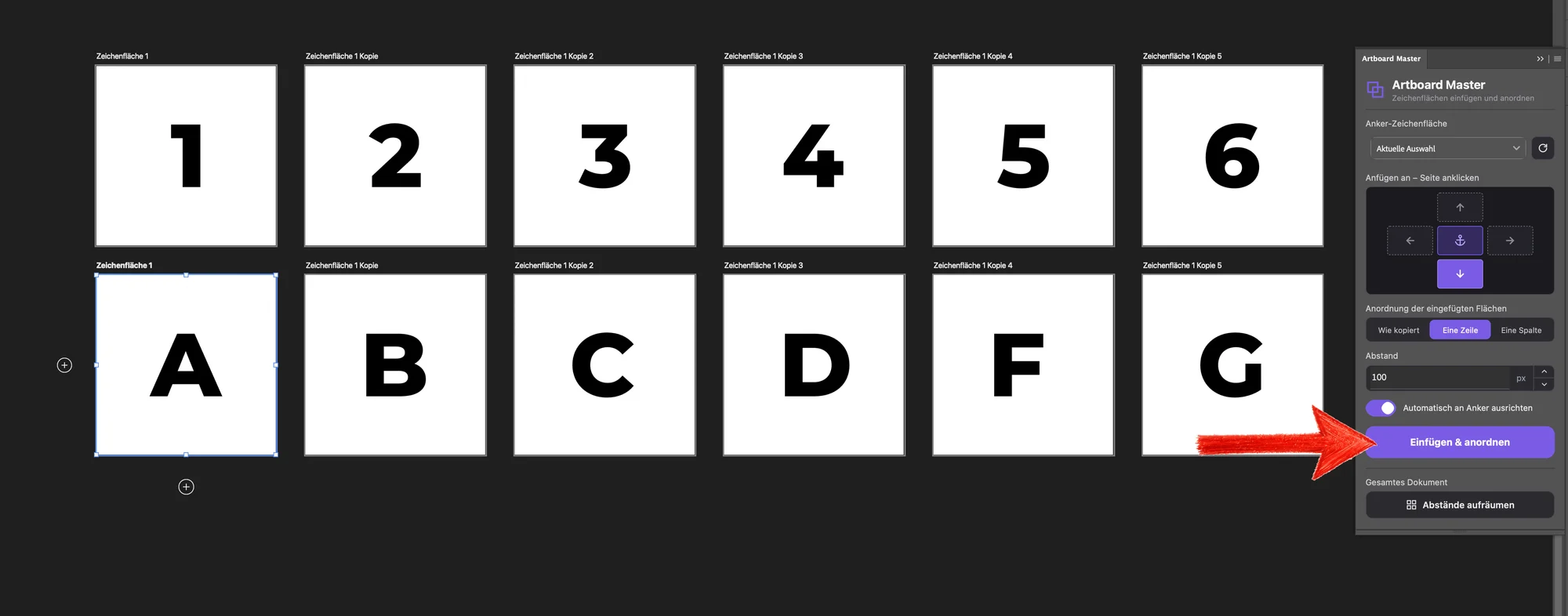 After Paste & arrange: artboards A to G as a second row below the row 1 to 6, 100 px gap, Artboard Master panel on the right