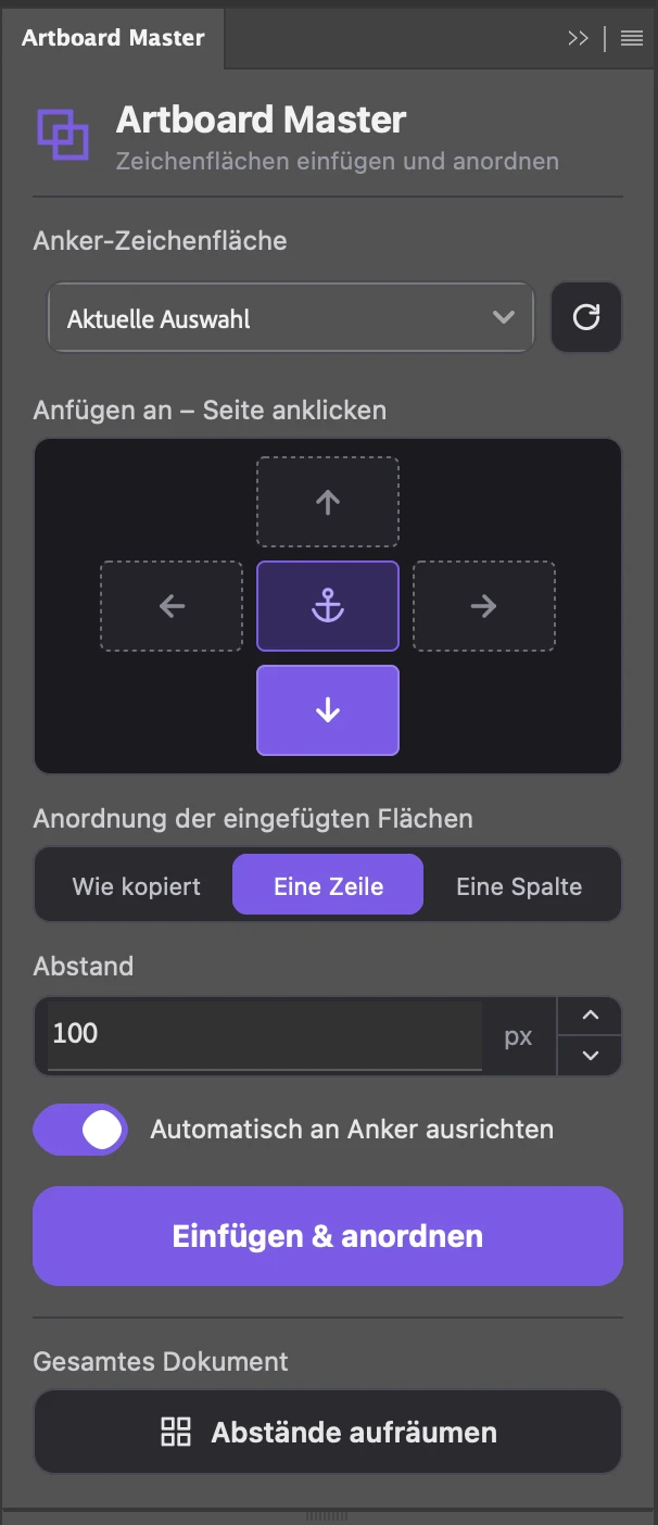 The Artboard Master panel in Photoshop: anchor list, clickable sides around the anchor, arrangement switch, gap field, paste button, tidy-up button and fit-canvas button