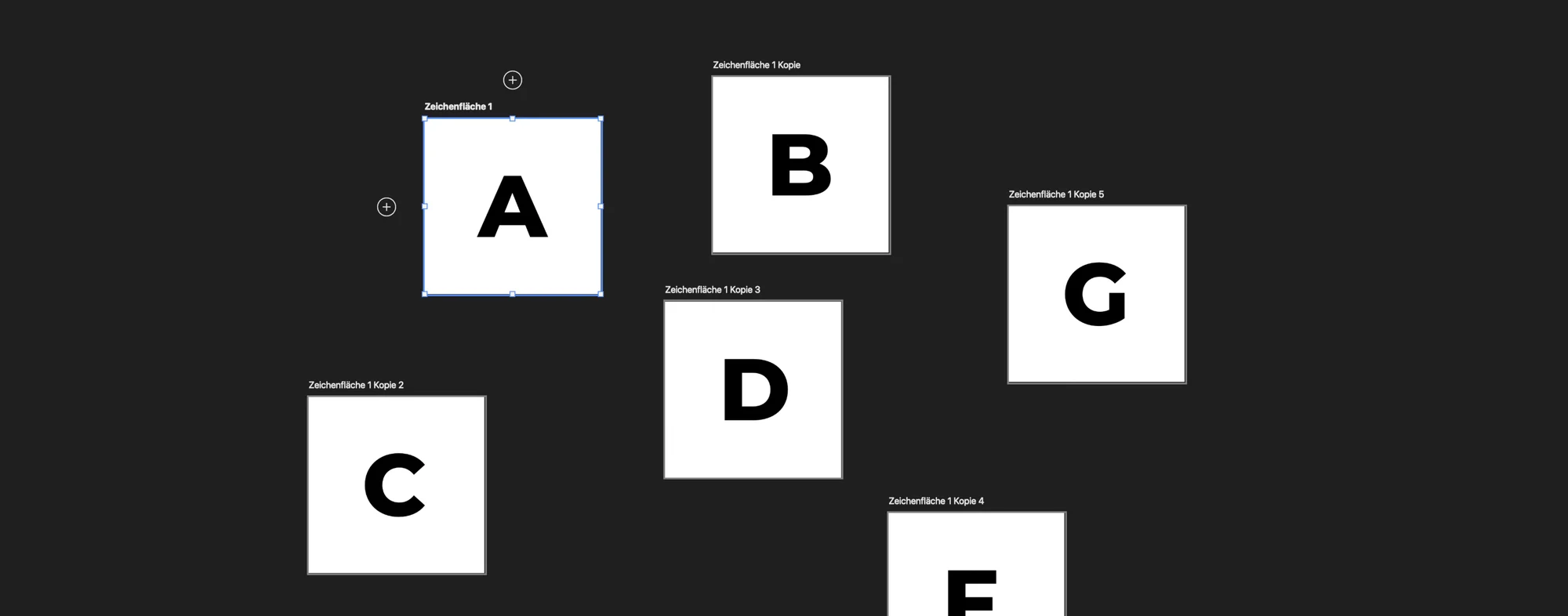 Seven artboards A to G scattered across a Photoshop document, as they lie right after pasting